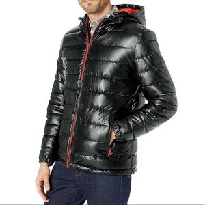 Cole Haan Signature Men's Hooded Faux Leather Jacket Coat Size M Black/Red